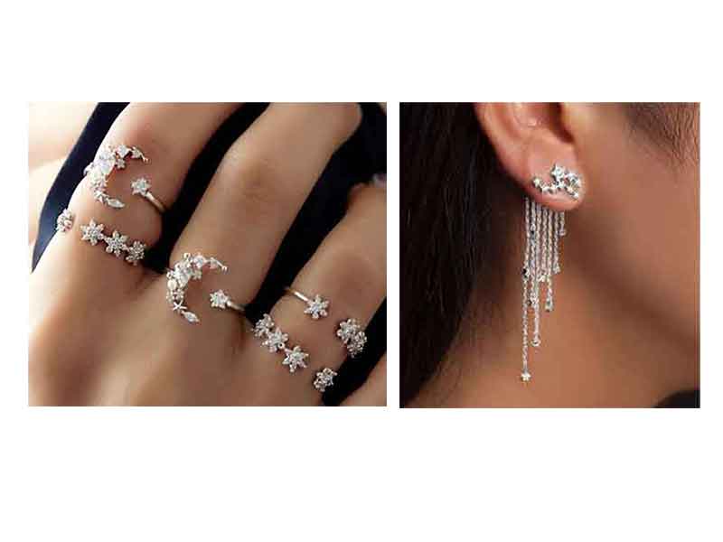 Conjuntos de anillos ajustables y Aretes de borla de estrella brillante de plata